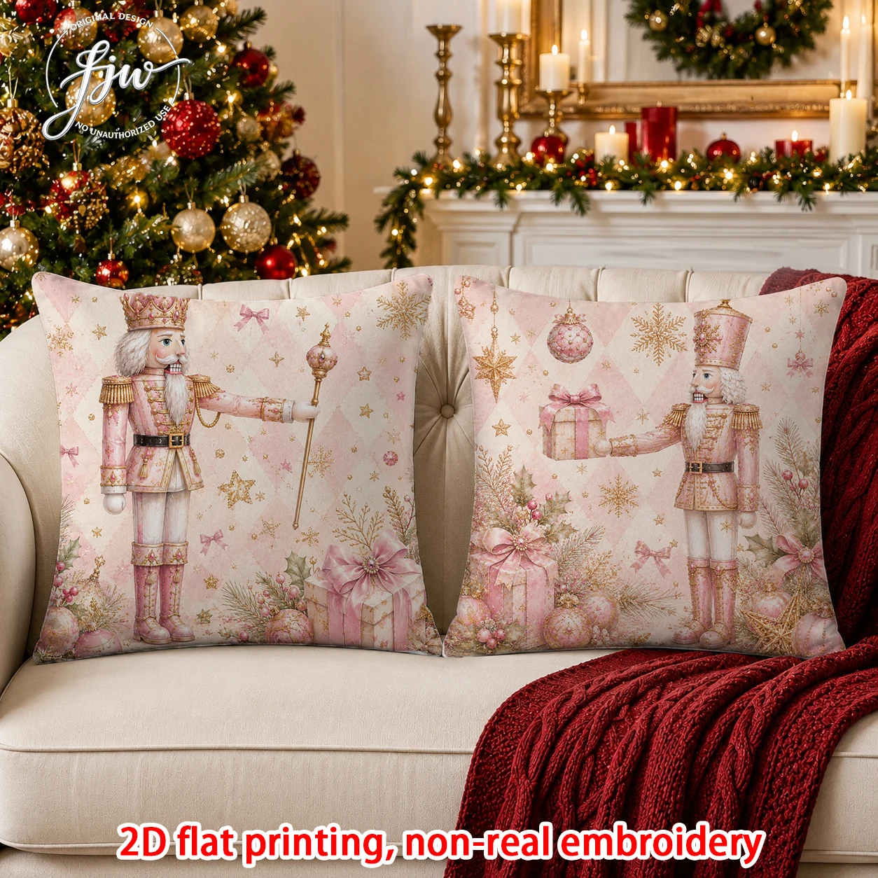 2pcs Christmas Throw Pillow Covers Vintage Pink Nutcracker Xmas Decorative Cushion Cases for Sofa Couch Bed
