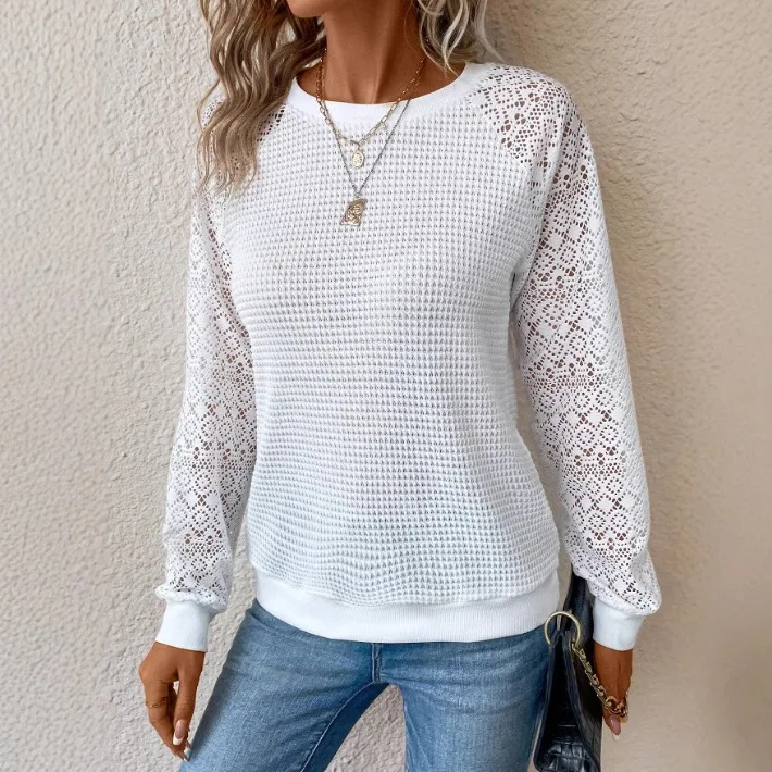 

Spring Autumn Women's Long Sleeve T-shirt O-neck Waffle Patchwork Hollow Fashion Top Casual Pullover White Versatile Black Tees