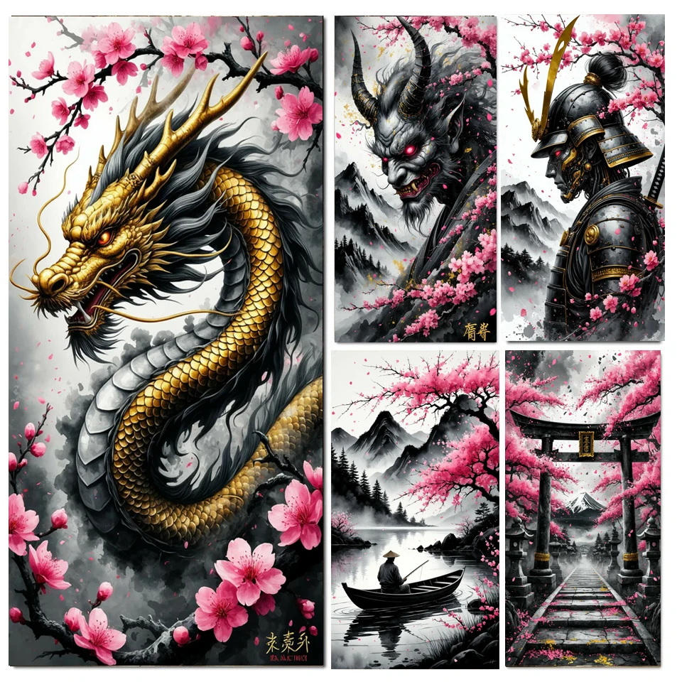 

Самурай Розовый Цветок Персика Вишня Дракон Алмазная Вышивка 5D Полный Квадратный Круглый Diy Алмазная Картина Вышивка Крестом Домашний Декор