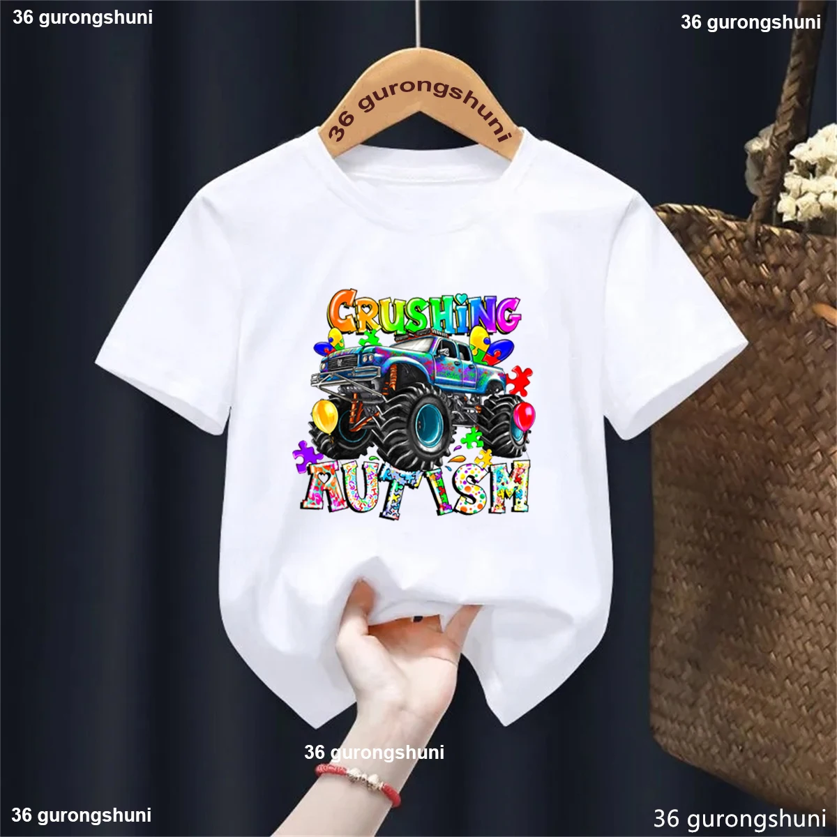 Autism Crusher Shirt, Autism Monster Truck Tshirt,Autism Awareness Graphic Print Kids T-Shirt,Autism Support Toddler Shirt Tops