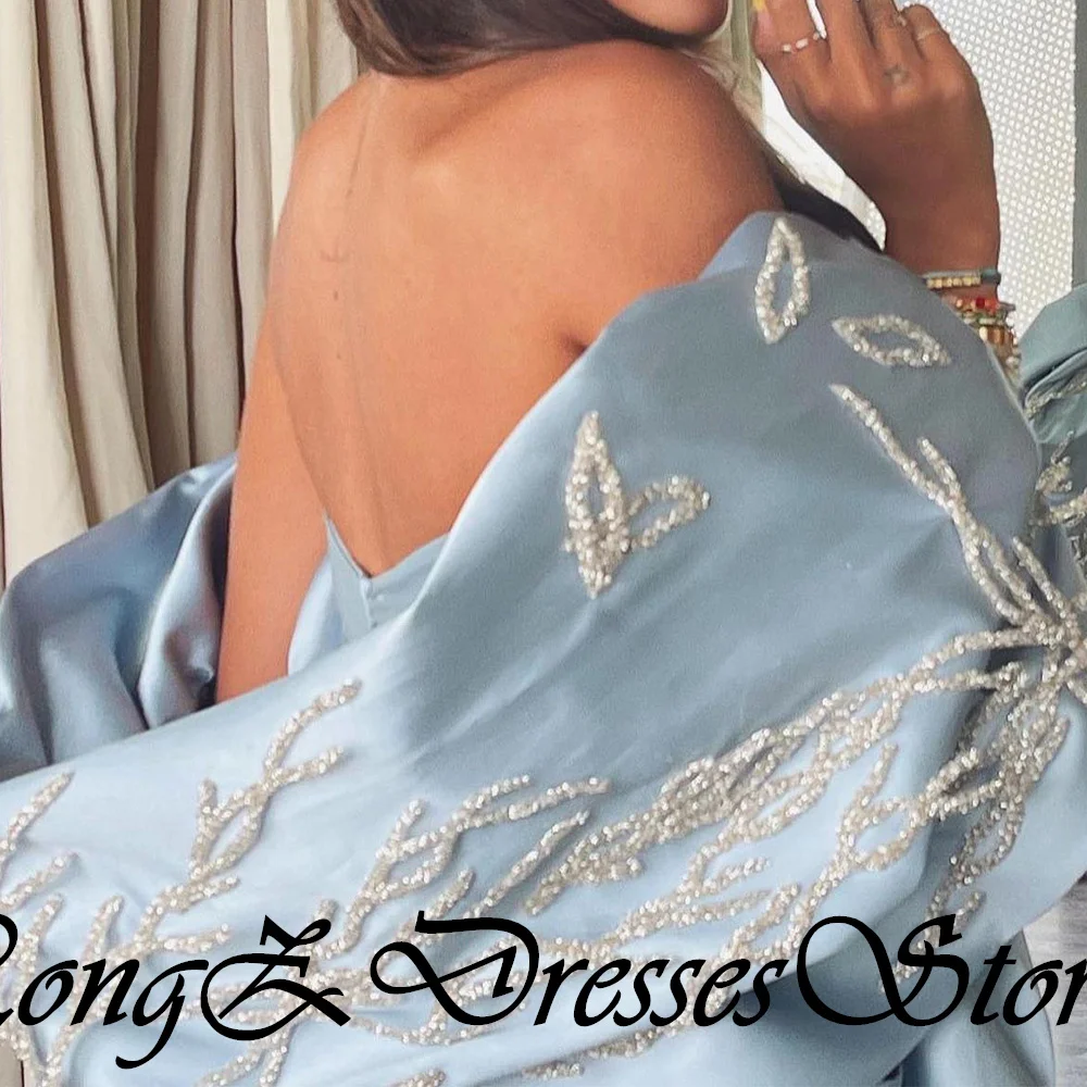 CustomizedSatin Straight Half Sleeves Off the Shoulder Ankle Length Pleats Solid Color Fashion Crystal Bespoke Occasion Gowns Cl image 4