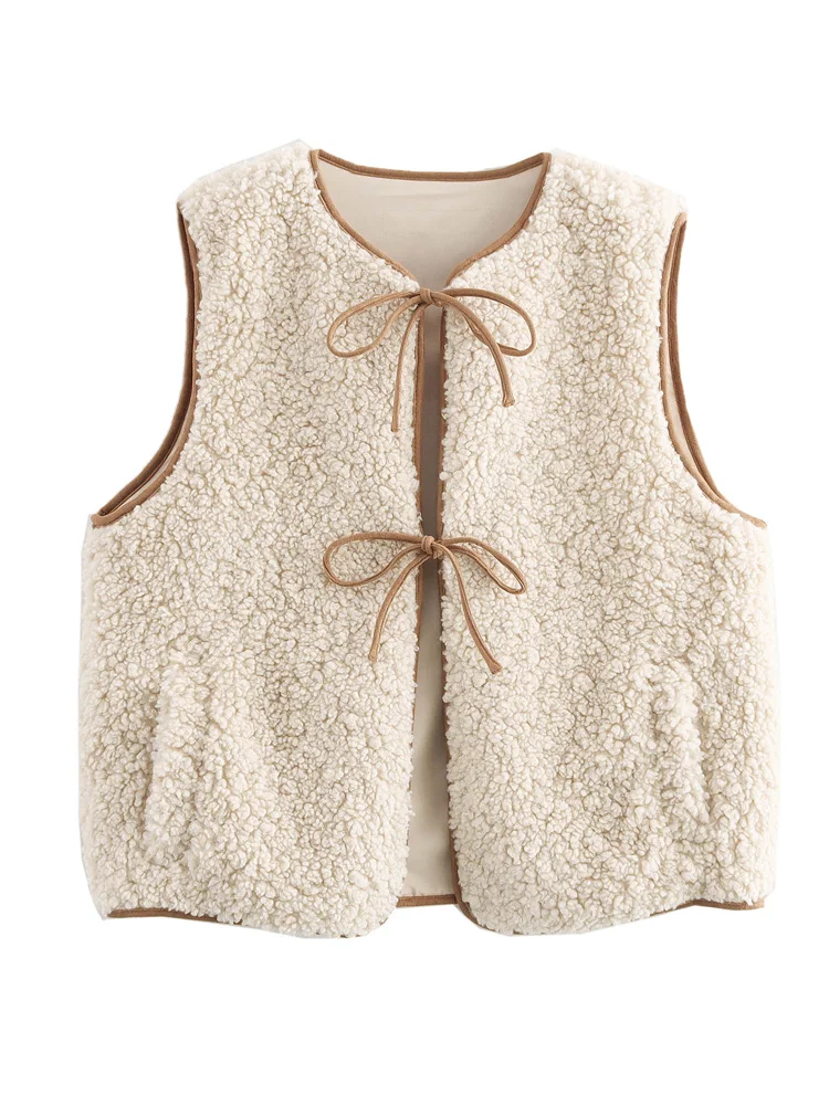 KAOPU ZA Women with tie faux shearling vest top vintage o-neck sleeveless female waistcoat chic tops