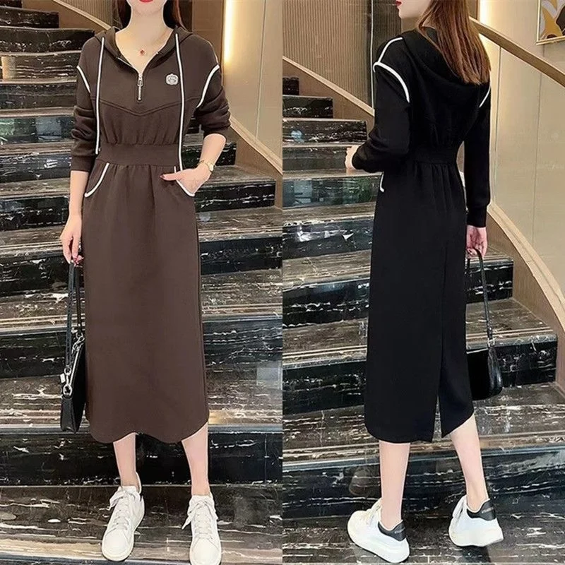 Women's Casual Dress 2023 Spring Summer New Fashion Hooded Drawstring A-line Skirt With Waist Wrap Show Slim Mid Length Dresses