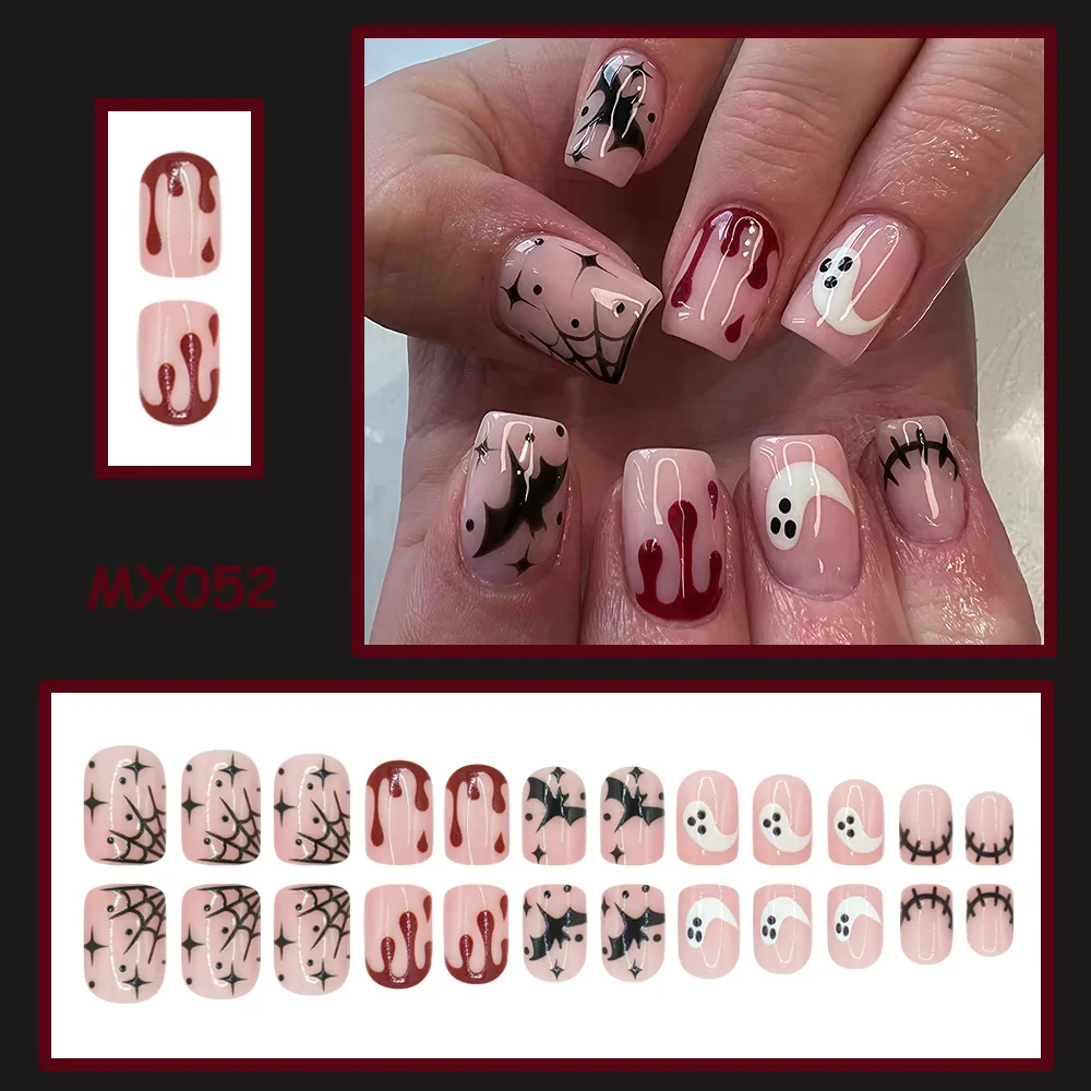 24Pcs Halloween Short Square Press On Nails Blood Drip Bat Spider Web Ghost Design Fake Nails with 1 Jelly Glue and 1 Nail File