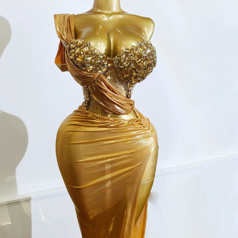 

Sexy Ladies Shiny Gold Crystal Two Piece Top and Skirt Drag Queen Costume Stage Singer Performance Club Wedding Birthday Suit