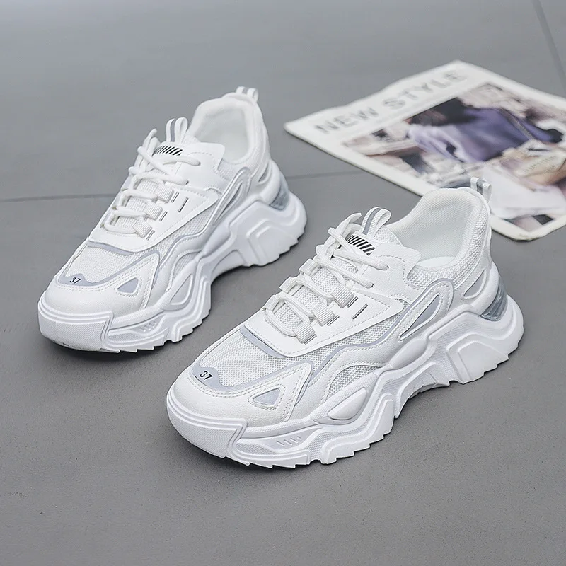 

White Women Shoes New Chunky Sneakers For Women Lace-Up White Vulcanize Shoes Casual Fashion Dad Shoes Platform Sneakers Basket