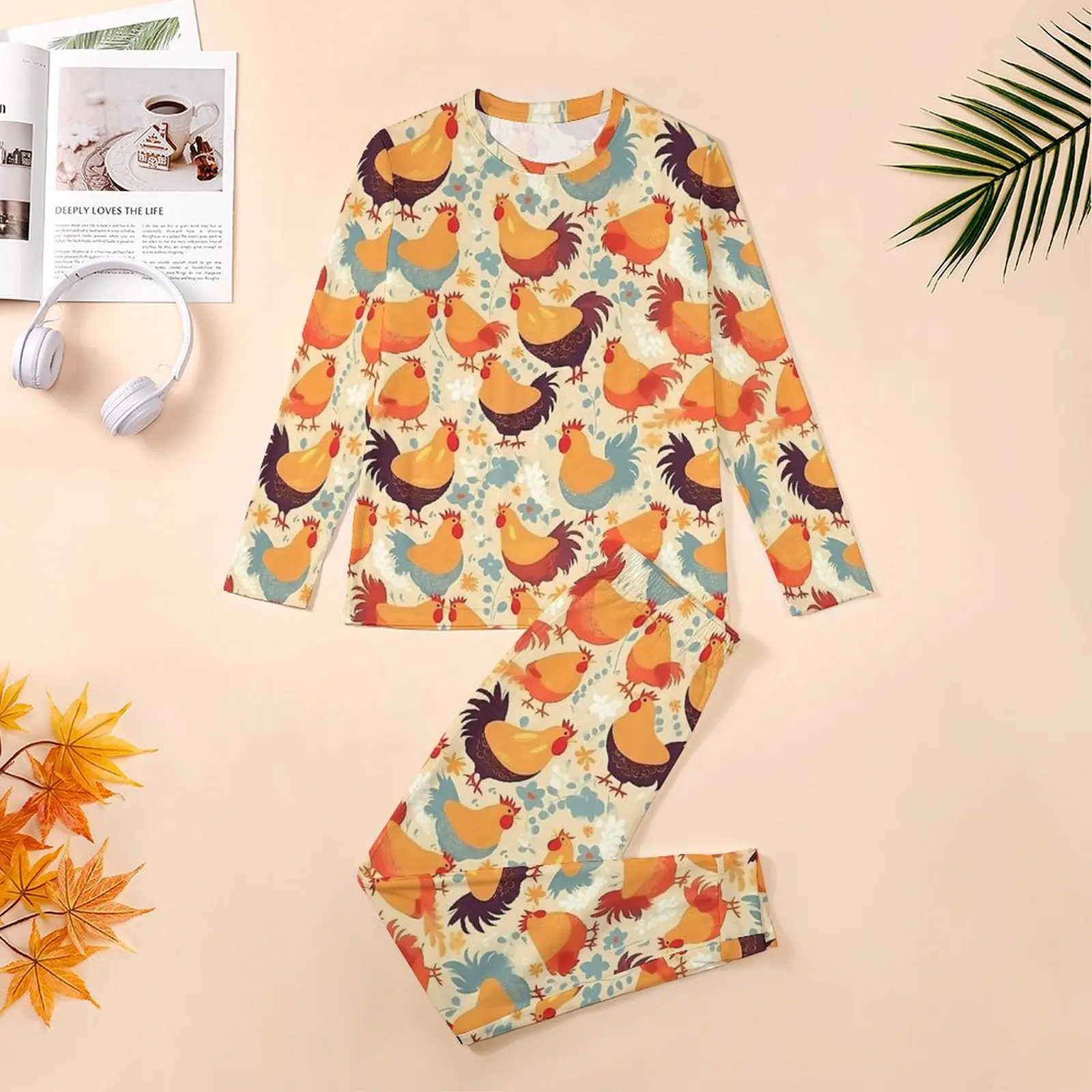 Cheerful Chickens Pajamas Spring 2 Piece Cute Animal Retro Pajama Sets Mens Long Sleeve Sleep Graphic Nightwear Big Size