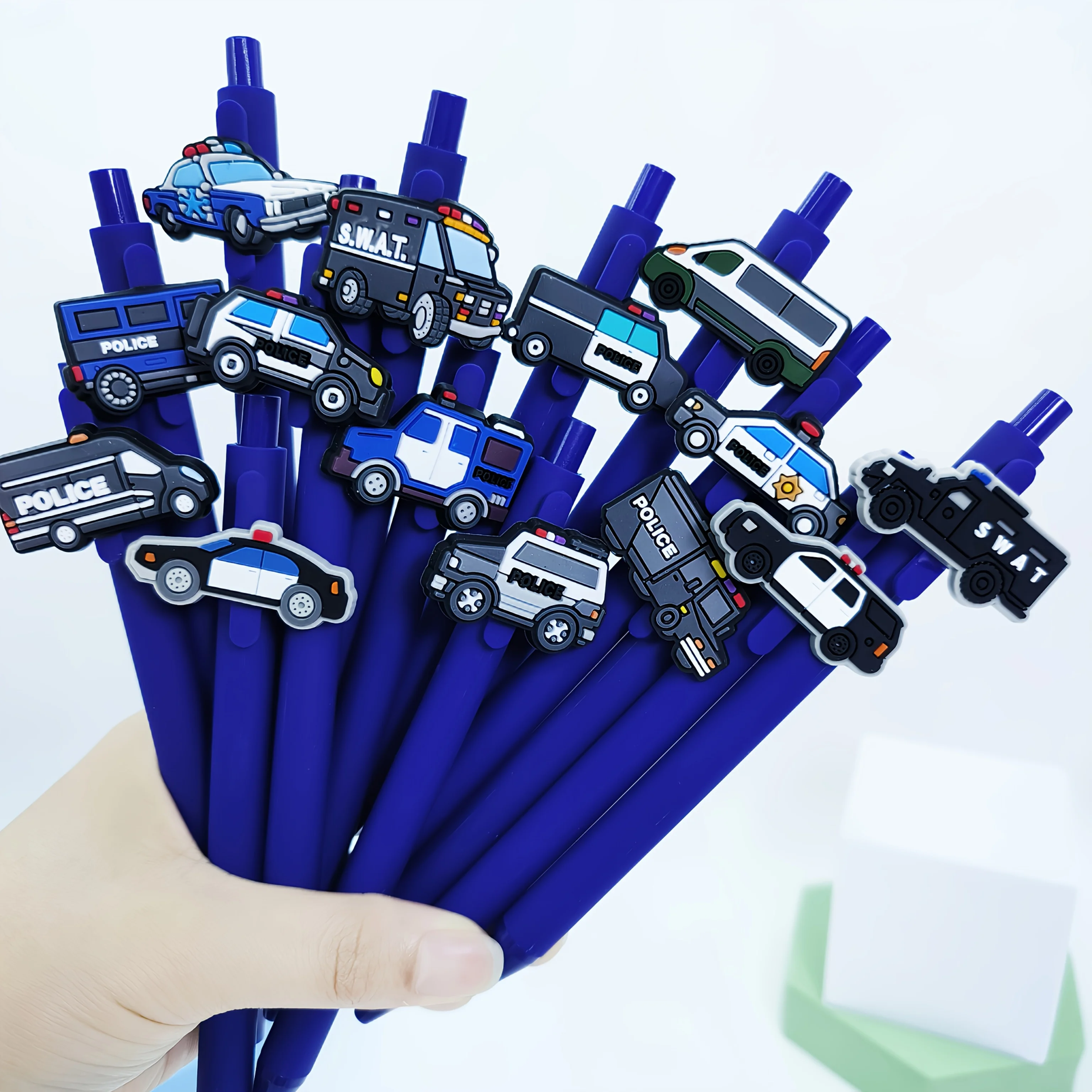 

25 шт./30 шт., темно-синие полицейские автомобильные наклейки, ручки из мягкой резины из ПВХ, ручки с круглым наконечником, студенческие ручки для письма, подарочные ручки