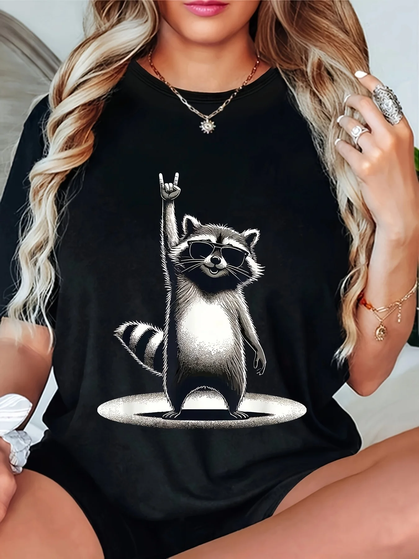 

Women's T-shirt Short Sleeve Streetwear Raccoon Graphic Print Crew Neck Casual Daily Fitted Comfort Top for Summer & Spring