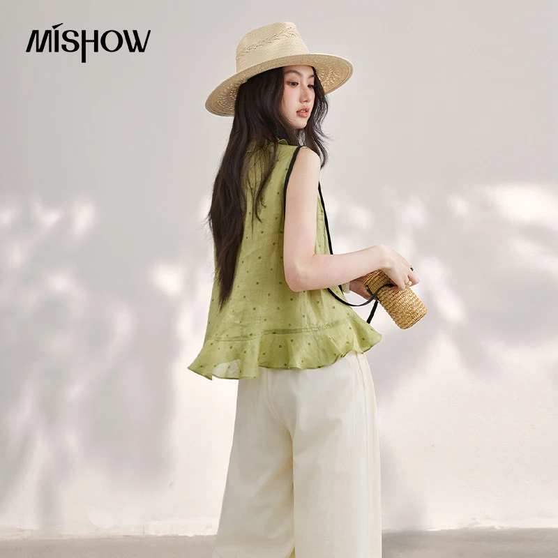 MISHOW Women's Green 100% Ramie Polka Dot Blouse 2026 Summer V Neck Ruffle Tie Front Sleeveless Casual Vest Blouse MXF29X2715 - view 3