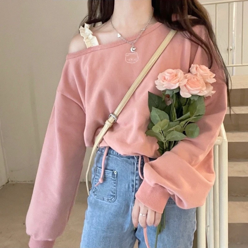 Sweatshirts Women Embroidery Irregular Off Shoulder Japanese Style Sweet Loose Casual Simple All-match Fashion Ulzzang Classic