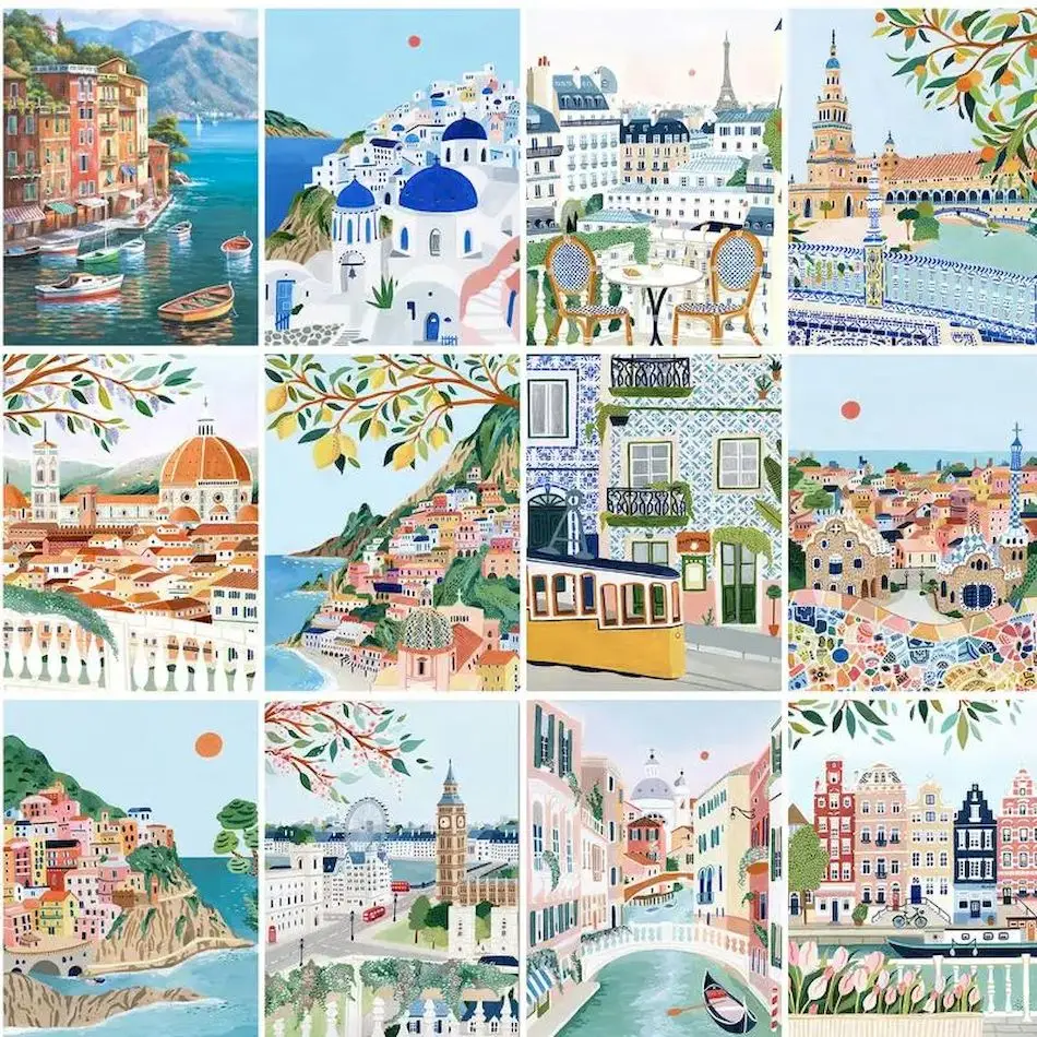 SDOYUNO Painting By Number Town Scenery Drawing On Canvas HandPainted Art Gift DIY Pictures By Number Seaside Kits Home Decorati