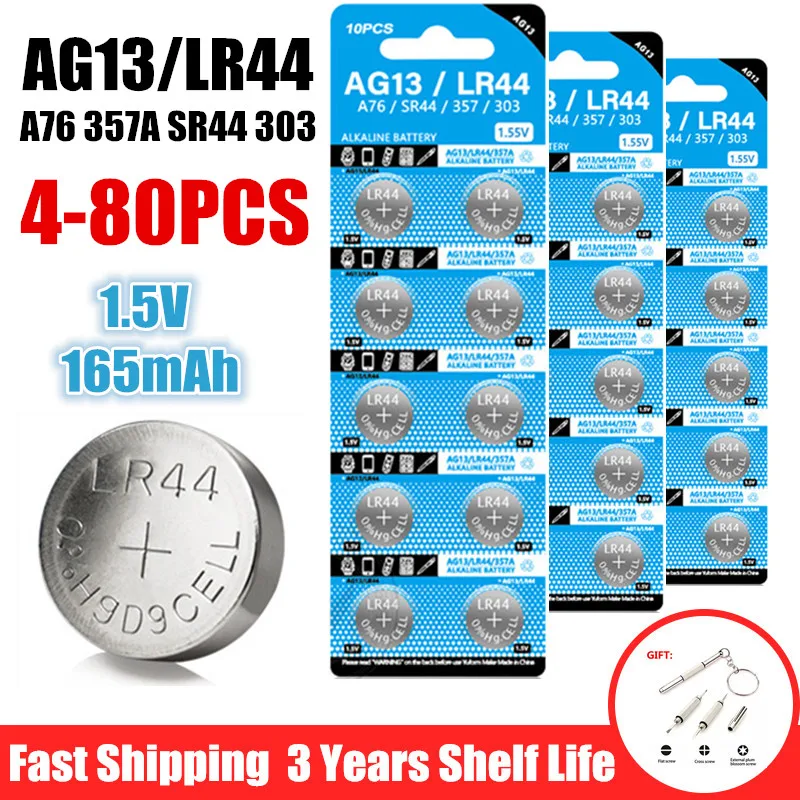 4-80 шт. AG13 LR44 A76 357A щелочная батарея типа «таблетка» 1,55 В SR44SW L1154 SP76 pila 357 303 для часов Toys No Mercury