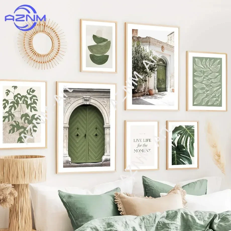 Wall Art Canvas Painting Green Graphic Shapes Door Posters and Prints Wall Pictures for Living Room Decor Monstera Leaves