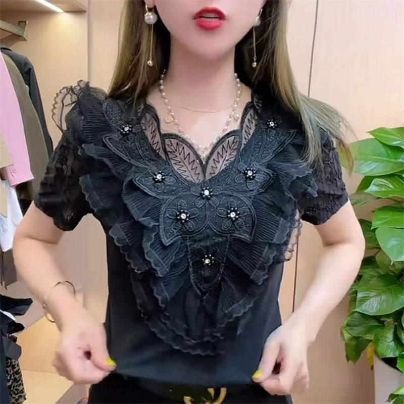 Lace Flounced Flower Stitching Beautiful Back Short Sleeve Thin T-Shirt Fashion Cover Meat Blouse Half Sleeve/Long Sleeve