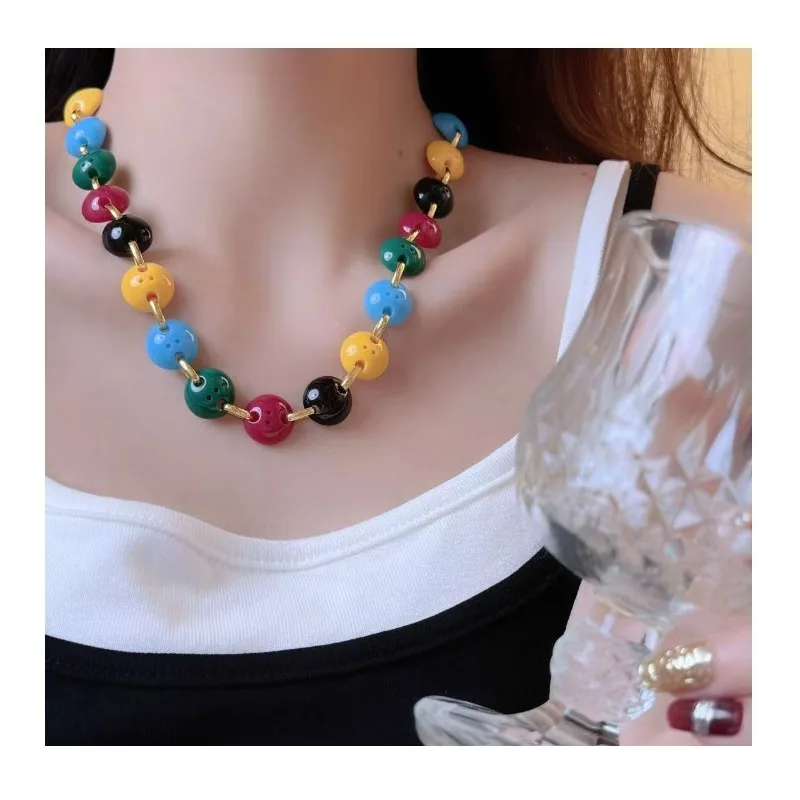 

Color Doudou Beaded Necklace Female Dopamine Beads Short Sweater Chain Versatile Trendy Internet Celebrity Collarbone Chain Tide