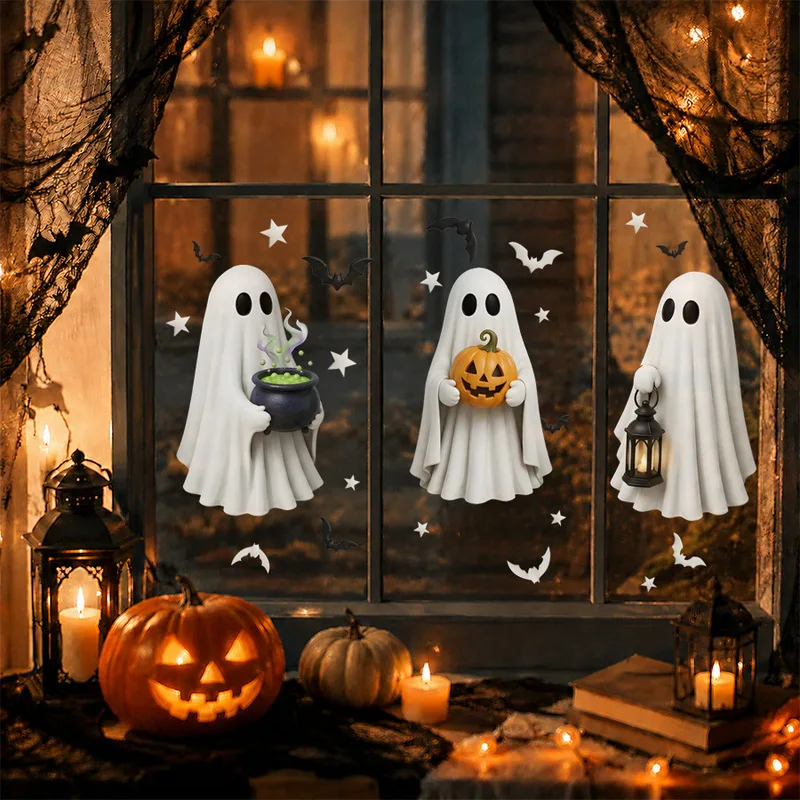 Cute Ghost Halloween Static Window Cling, White Ghost Jack‑o‑lantern Decal, Lovely Spooky Festive Shop Party Atmosphere Decor