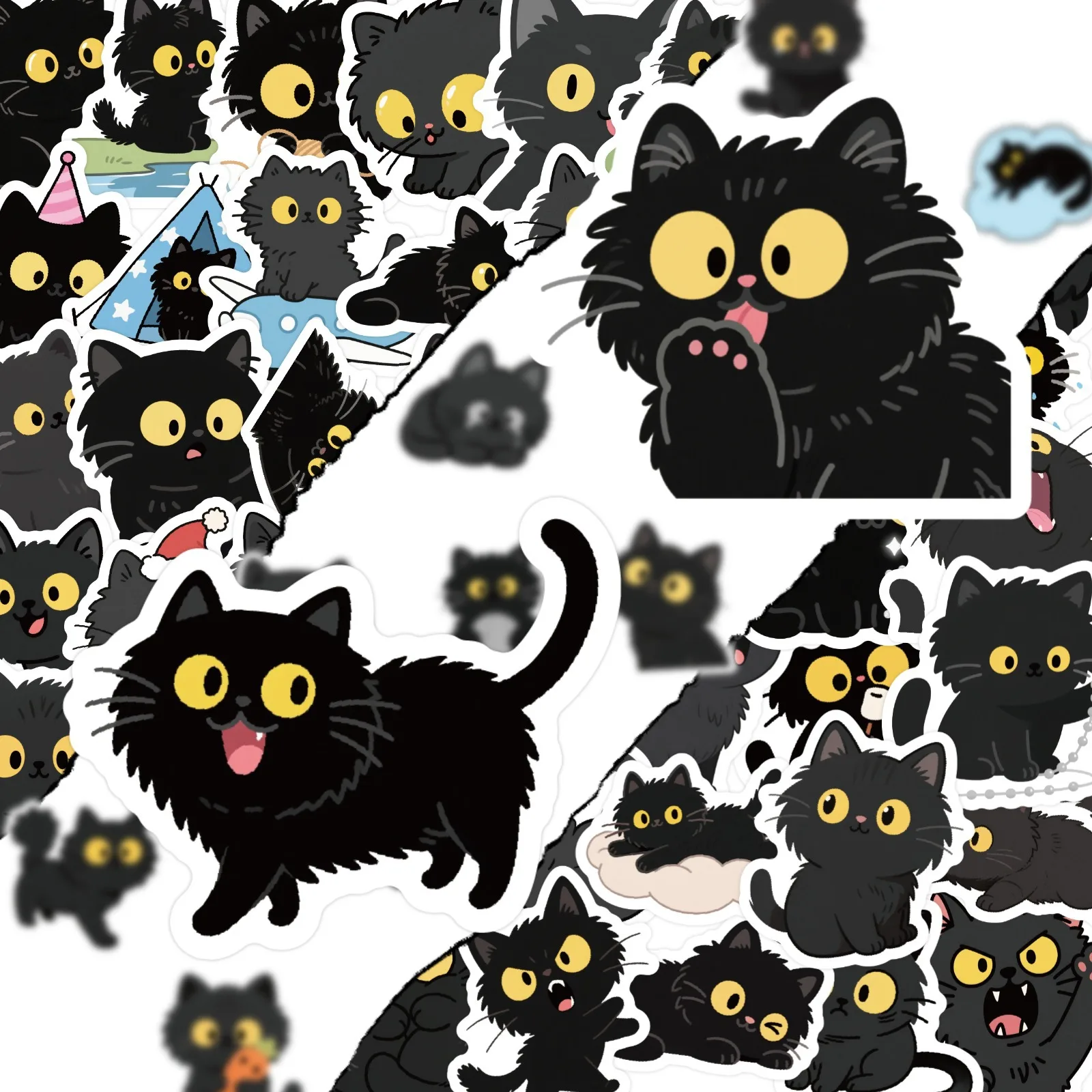 50 Pcs Cute Big‑Eyed Black Cat Cartoon Stickers DIY Decals for Phone Cases Luggage Water Bottle Journal Decoration