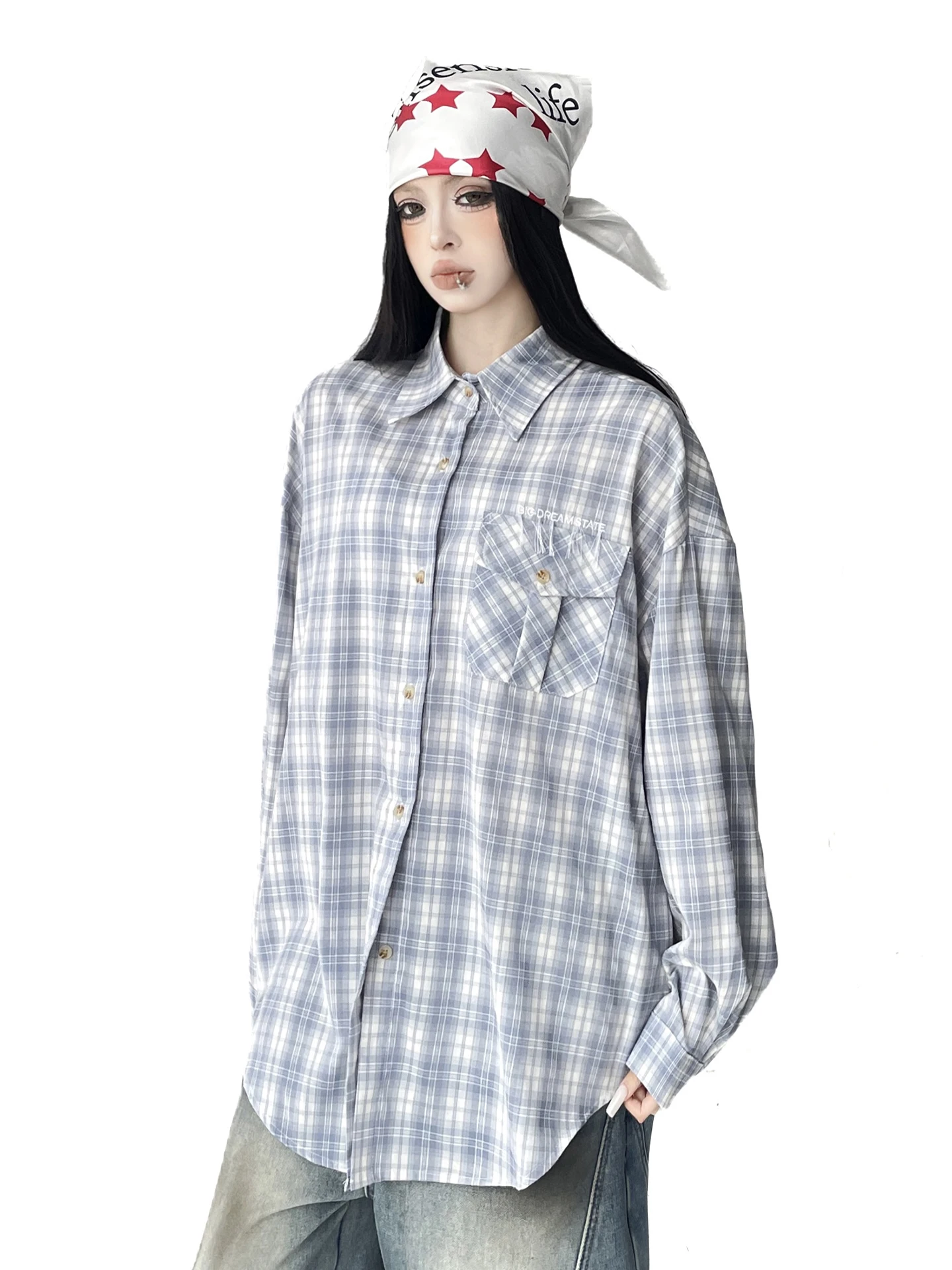 Azul xadrez solto longo sve feminino irt 2026 novo sle preguiçoso sle aberto cardigan outerwear na moda algodão poliéster mistura