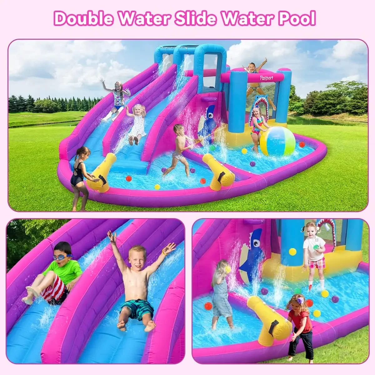 Bounce House Water Slide Park, Double Slide Bouncer Castle with Climbing Wall, Bouncy Castle with 550W Air Blower for