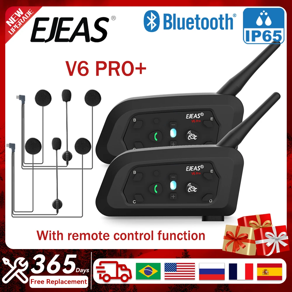 EJEAS V6 PRO+ Motorcycle Intercom Helmet Bluetooth Headset 6 Riders 800M Communicator Waterproof V5.1 Music Player Interphone