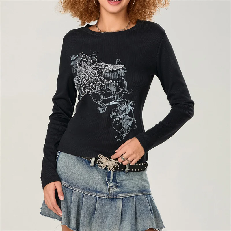 Y2k Grunge Cyber Tops Wings Graphic Print T-shirt Women Autumn Clothes Pullovers Tees Retro Aesthetic Cottage Crop Tops