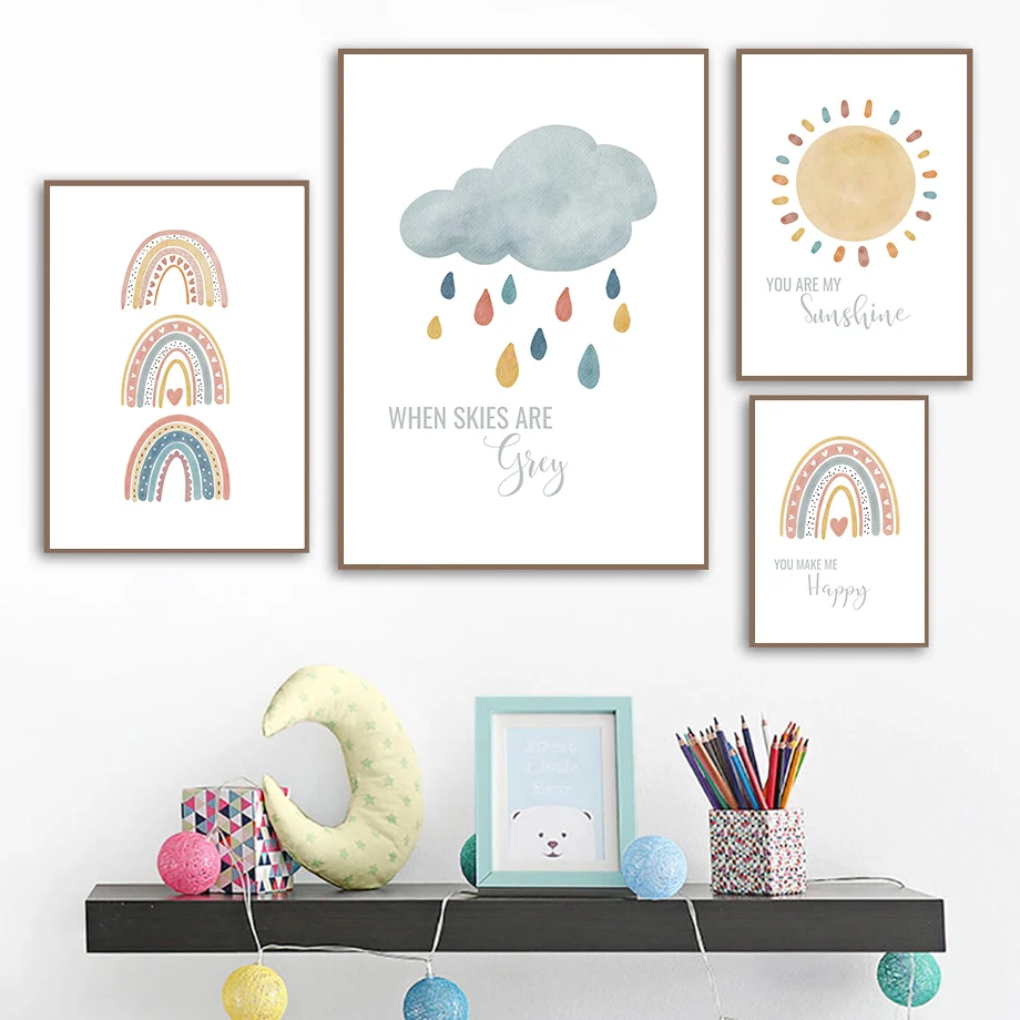 Cartoon Sun Rainbow Cloud Rain Wall Art Canvas Painting Nordic Posters And Prints Nursery Wall Pictures For Baby Kids Room Decor