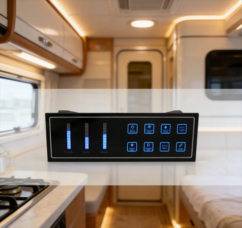 8 Gang 3-Way RV Switch Control Panel Blue LED Waterproof Touch Switch Panel with Water Level Display