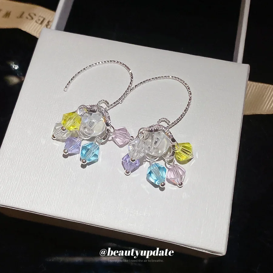 Sweet Hollow Lace Cap Tassel Earrings Colorful Faceted Translucent Beaded Dangle Ear Jewelry Romantic Dating Accents