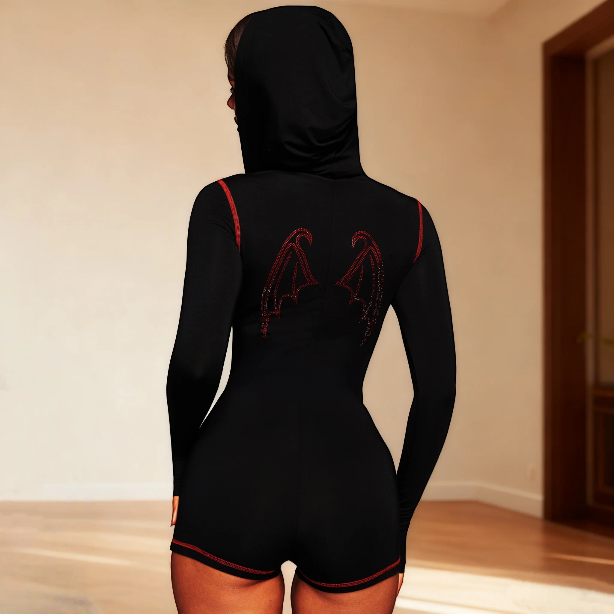 Absobe Women Black Hooded Playsuit Red Bat Wings Rhinestone Contrast Long Sleeve Sexy Gothic Tight Romper Party Evening Outfit