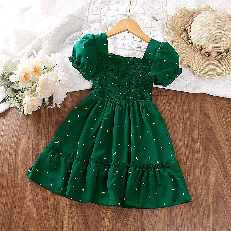 Dress Kids Girls Dark Green Cute Princess Dress 2-6 Years Short Sleeve Dress Square Collar Puff Sleeve Layered Dress