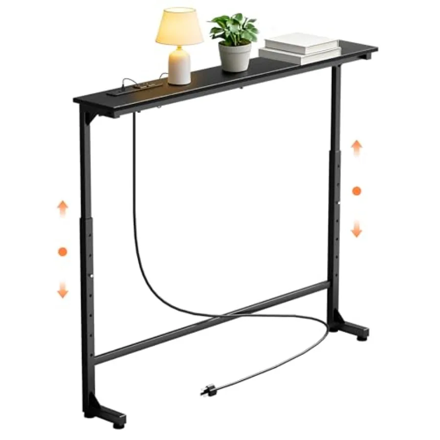 

35" Adjustable Height Narrow Console Table with Power Outlets Long Sofa Table with Charging Station Behind Couch Table Skinny E