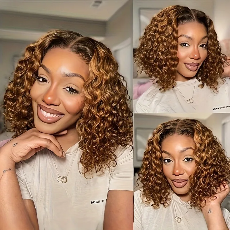 Pelucas delanteras de encaje resaltadas 4/27, cabello humano prearrancado, nudos blanqueados, 200 de densidad, 13x4 HD, ombré, rubio miel, cabello humano ondulado profundo