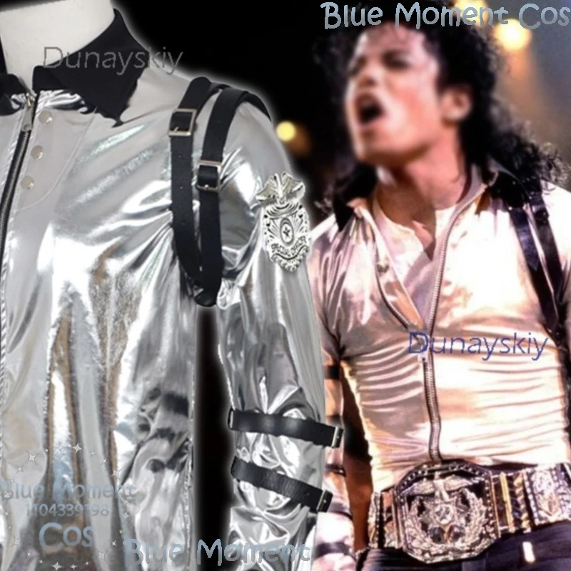 

Michael Cosplay Bad World Black Straps Jacket Costume Shiny Silver Stage Performance Halloween Carnival Party Navidad Carnaval