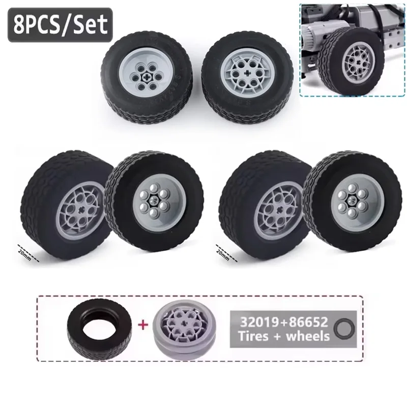 

8PCS 62.4*20mm Cars Wheels Moc Building Blocks Parts 32019+86652 Modified Assembled Tires + Hubs Technology Bricks Toy Accessory