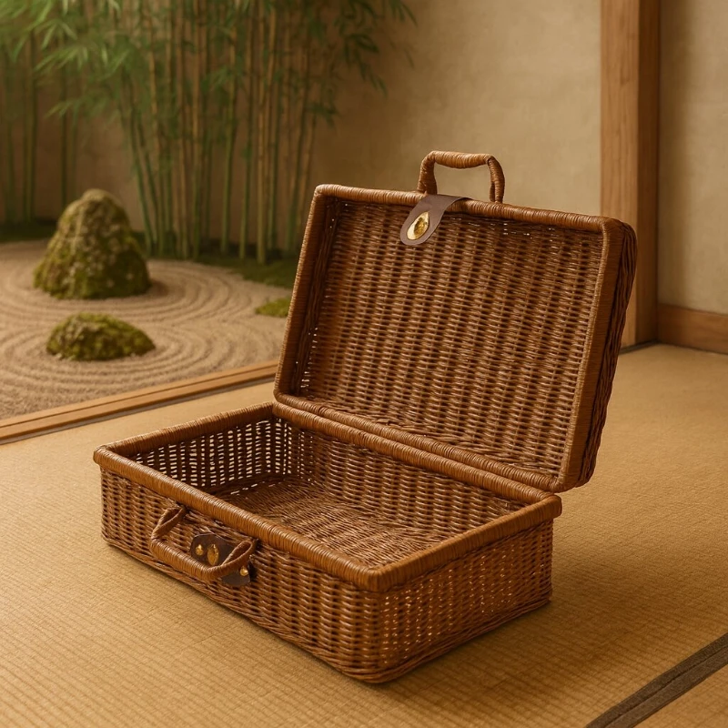 

Retro Wicker Suitcase Vintage PP Rattan Picnic Basket with Handle Cosmetic Organizer Gift Box Travel Case Storage Woven