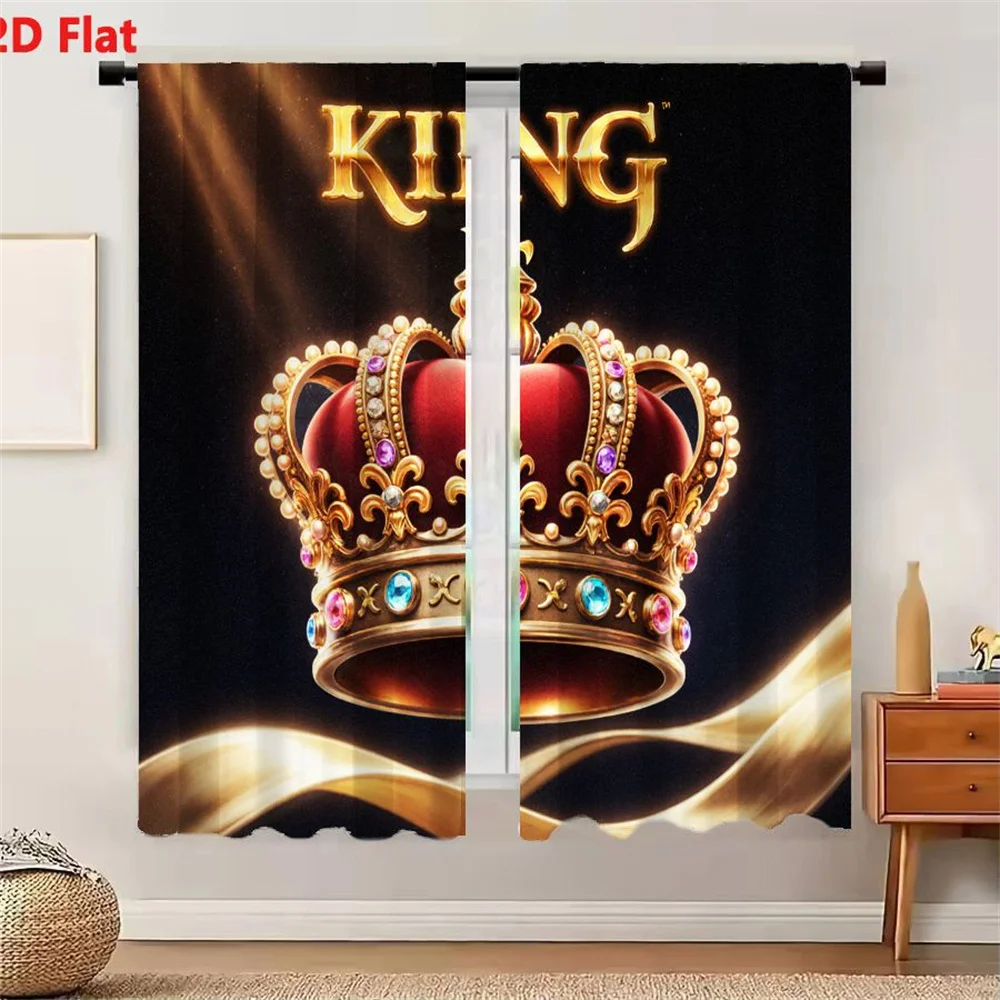 2Pcs Curtains 2D Flat Luxurious Ornate Crown With Red Velvet Base Gold Detailing Fleur-de-lis Gemstones Pink Blue Purple Jewels