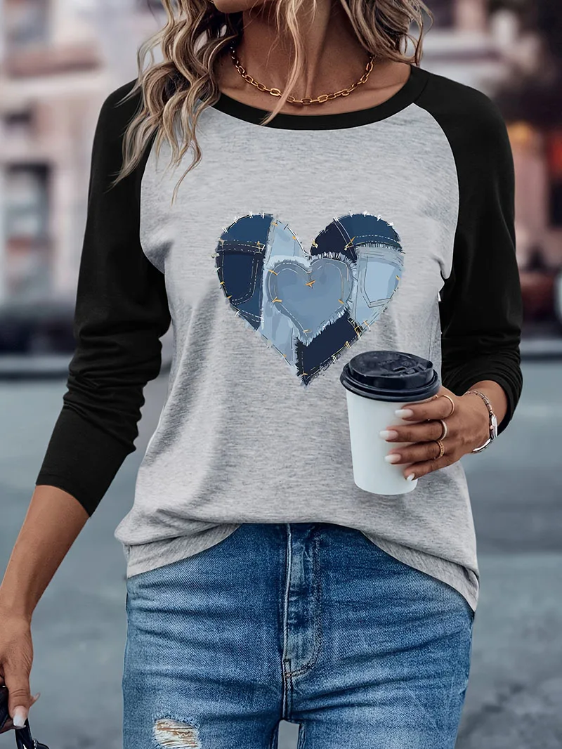 Fashion Love Heart Print Casual Long Sleeve T-shirt Loose Winter Autumn Graphic Long Sleeved Soft T Shirt Woman