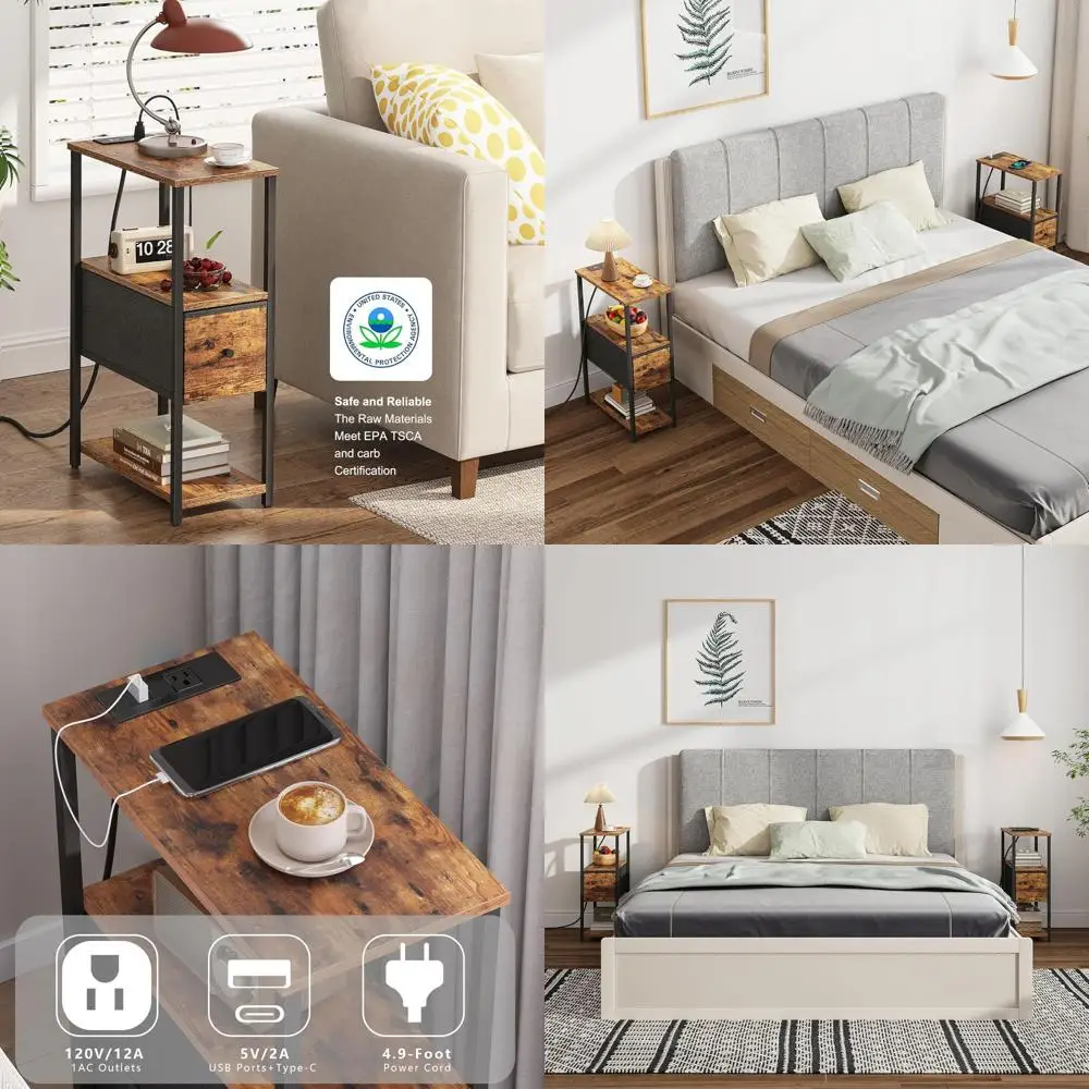 

Dual Compact End Tables with Charging Ports, Outlet-Equipped Nightstand, Fabric Drawer Side Table, Suitable for Living Spaces an