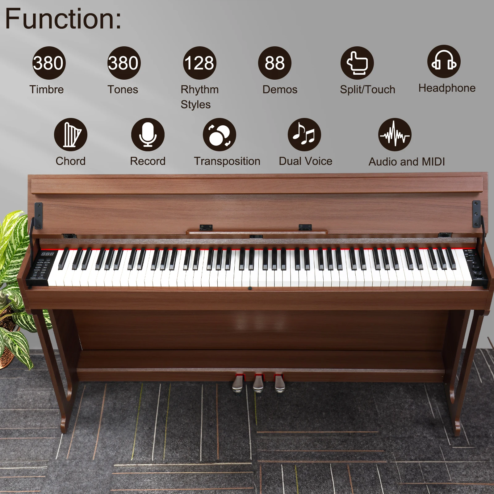 Glarry GDP-107 88 Key Standard Full Weighted Keyboards Digital Piano with Furniture Stand, Audio and MIDI Bluetooth, Triple Peda