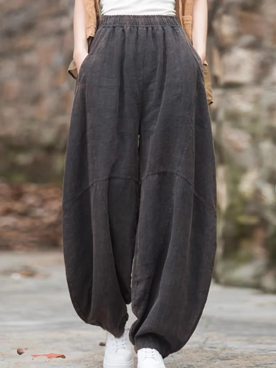 High Waist Draped Cotton Linen Wide Leg Pants Women Summer Tai Chi Casual Long Trousers Vintage Style Pocket Detail Commute F...