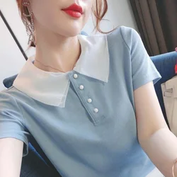 Fashion Peter Pan Collar Spliced Loose Korean Blouse Women's Clothing 2023 Summer New Casual Pullovers All-match Commute Shirt