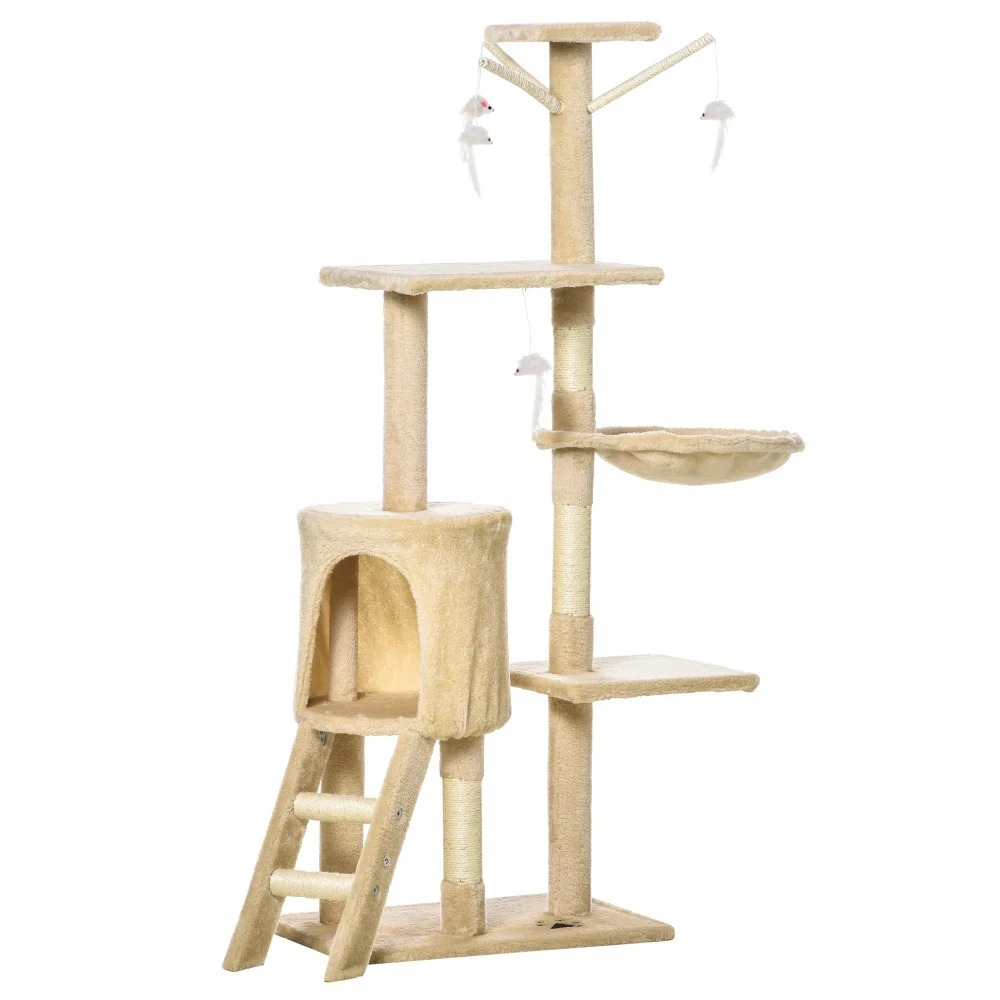 

PawHut 53" Plush Sturdy Interactive Cat Condo Tower Scratching Post Activity Tree House-Beige Large Cat Tree Kitten Apartment