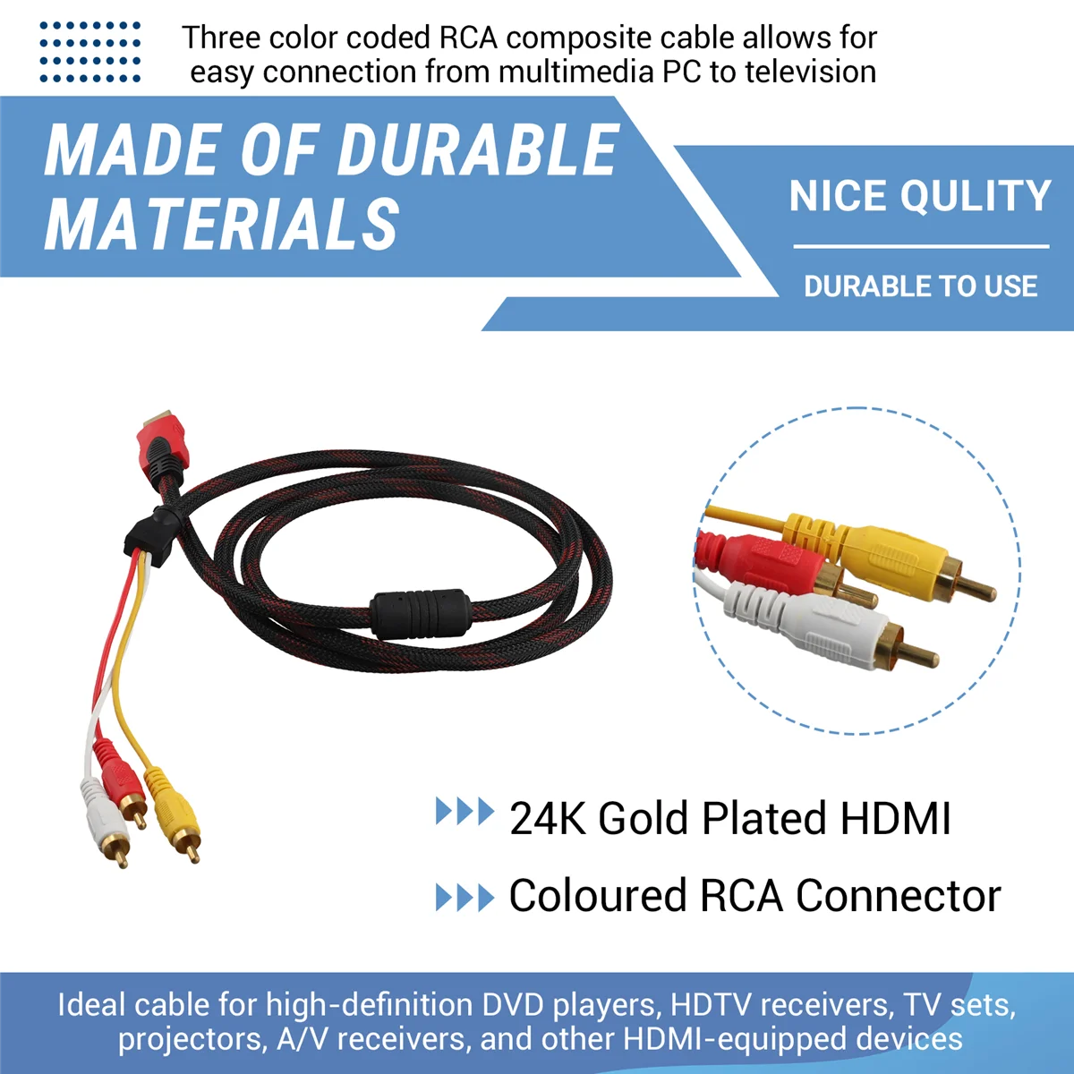 

【Последний шанс!】Кабель-адаптер конвертера компонентов USB 5 футов HDMI на 3 RCA Video Audio AV для HDTV