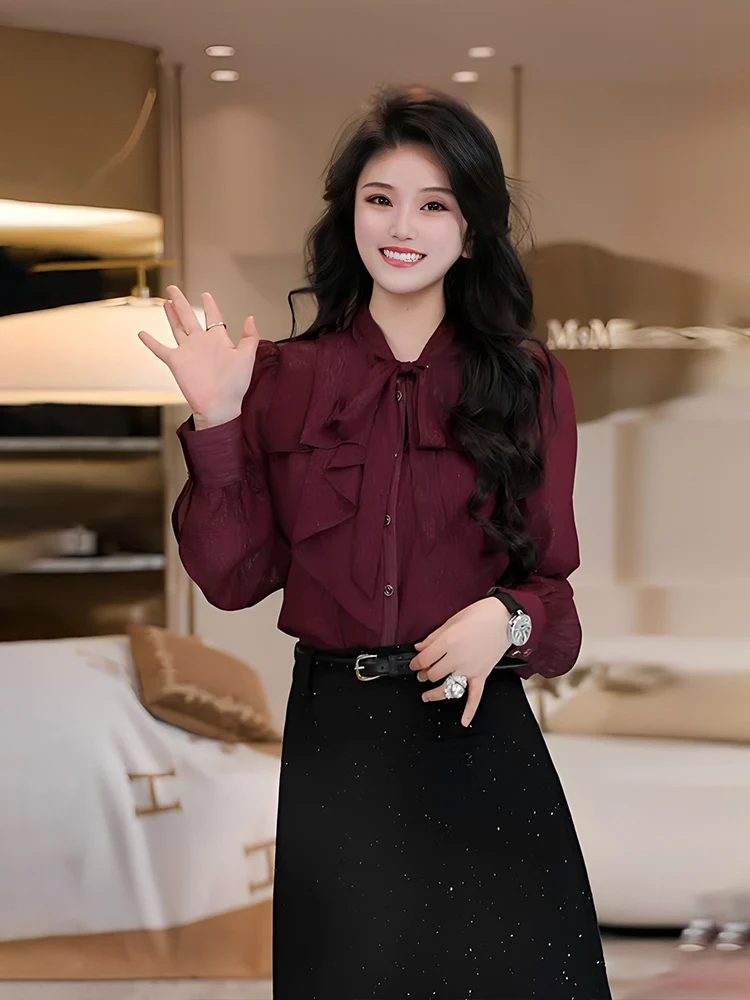 

Dry Star River Wine Red irt Women's Spring Autumn Faionable Blouse Knot Belted French Sle Long Sve Poly...