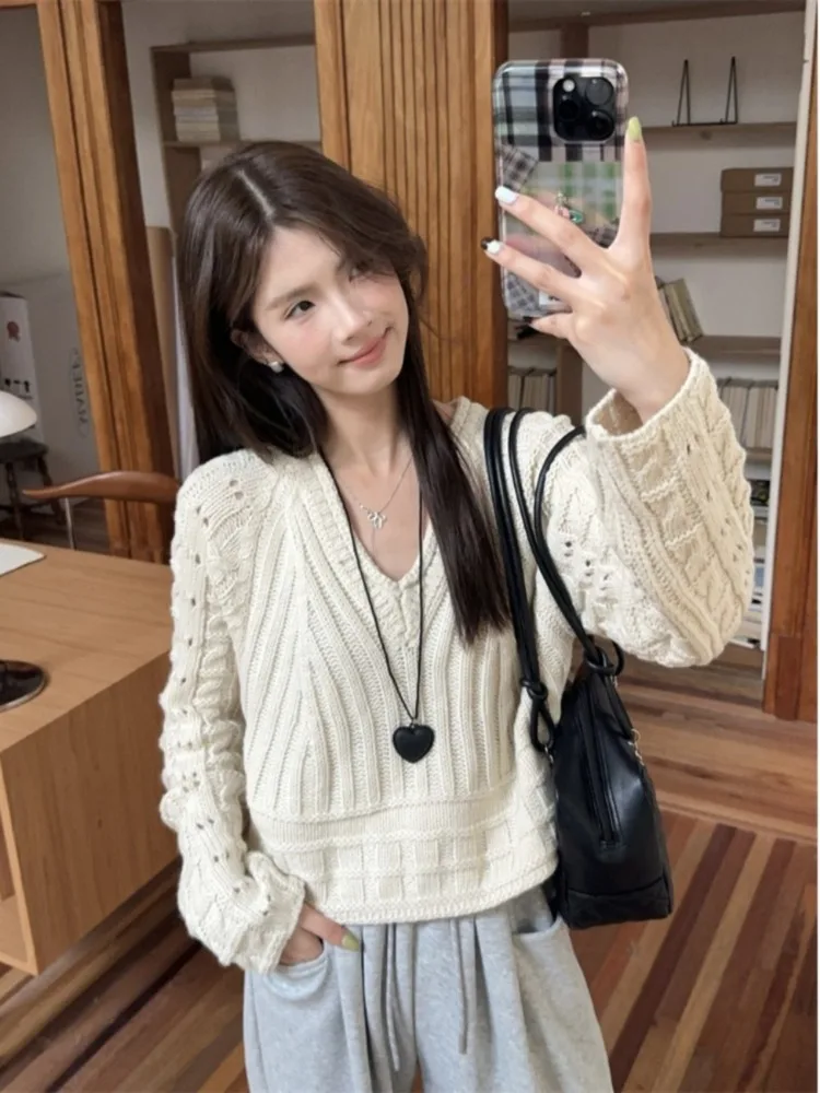 

V-neck Pullover Long-sleeved Soft Waxy Sweater Women Autumn Winter Korean Top Short Design Sense Knit Top Commute Solid Color