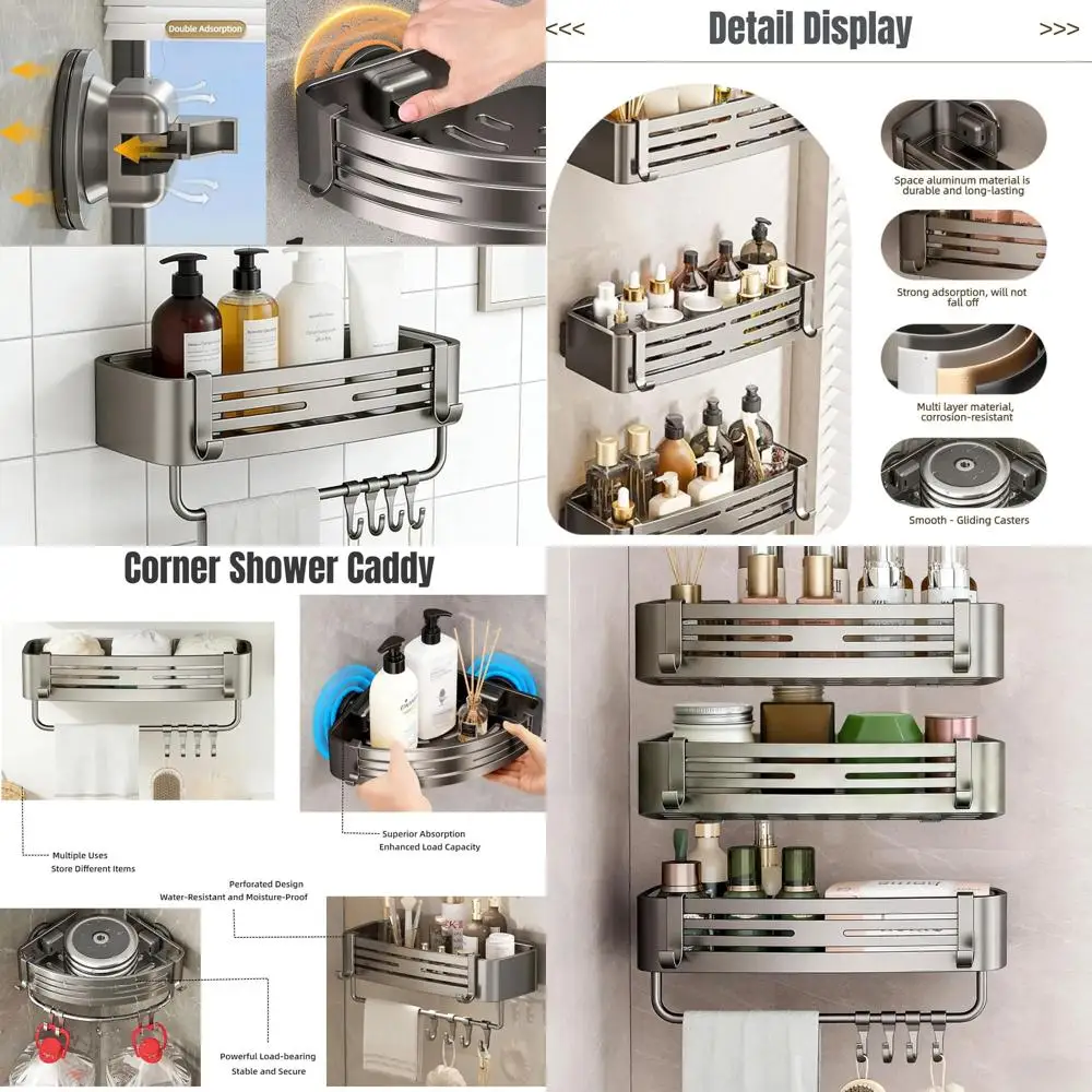

Набор из 3 предметов: полка для душа на присосках, держатель для полотенец и крючки, серая полка для хранения в ванной комнате для туалетных принадлежностей и полотенец