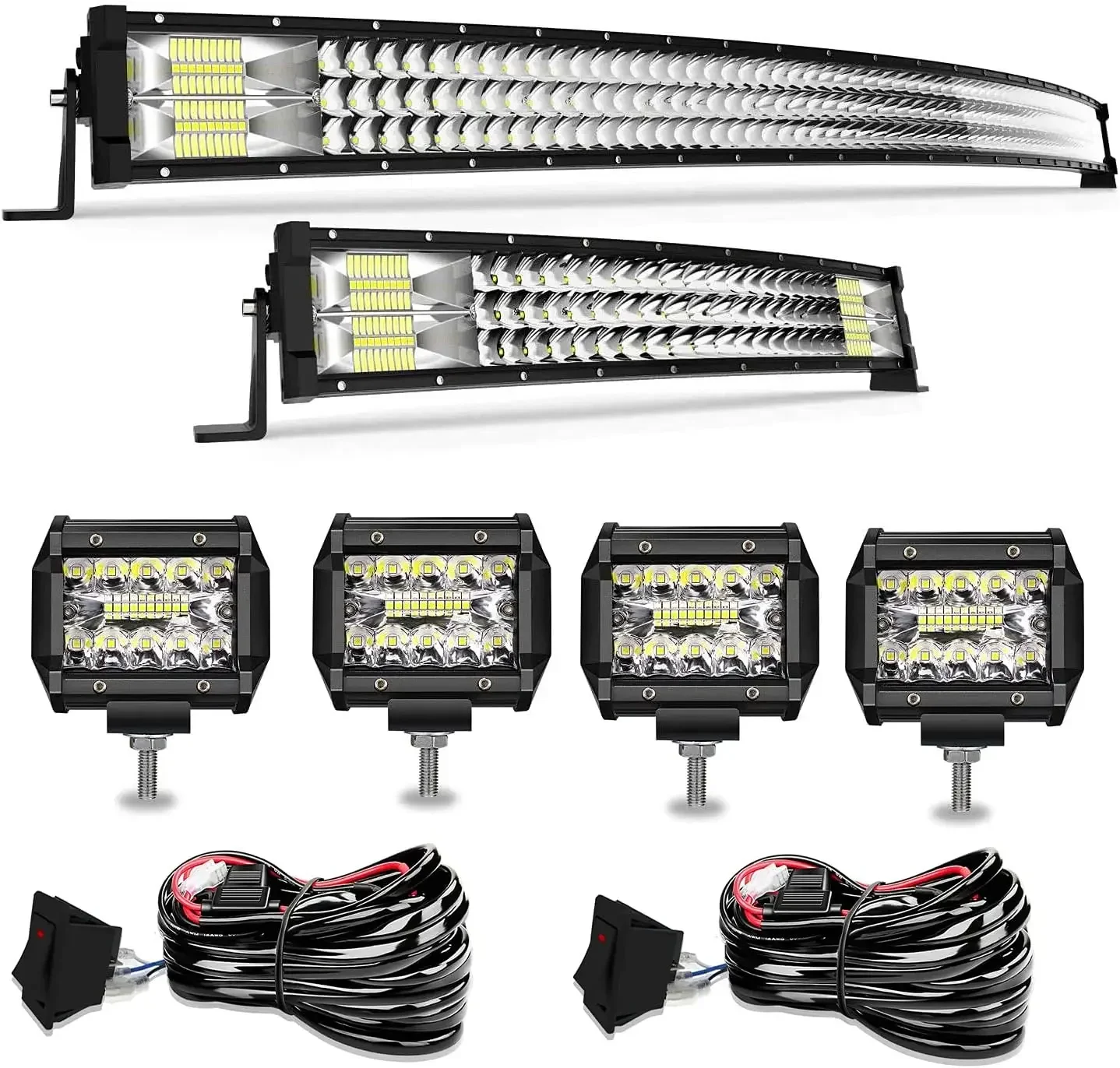 Light Bar T-Former 52 Inch 711W+22 Inch 306W Triple Row Curved Spot Flood Combo Beam Light Bars+4Pcs 4 Inch 60W Led Fog Lights W