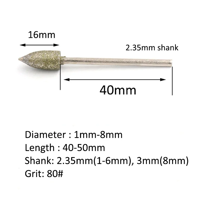 5 pezzi 1-8mm galvanica testa di molatura diamantata a forma di proiettile punta da trapano con gambo da 2.35mm lucidatura intaglio per utensili rotanti Dremel