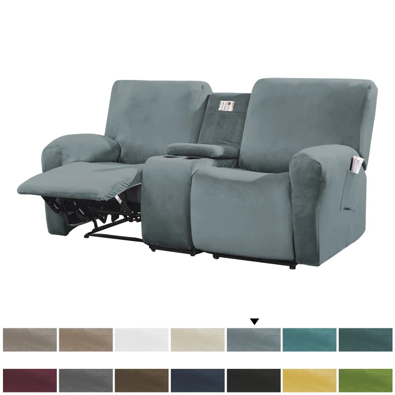 Solid Color Reclining Loveseat with Middle Console Slipcover Velvet Stretch 2 Seat Reclining Sofa Covers Furniture Protector